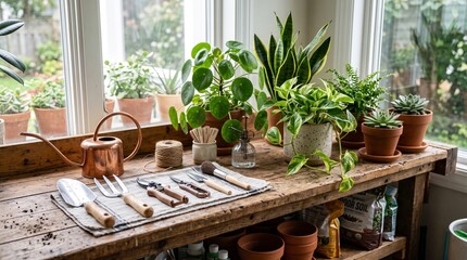 Fototapeta premium A rustic wooden potting bench sits before a bright window, arranged with various house plants, a copper watering can, and essential gardening tools.