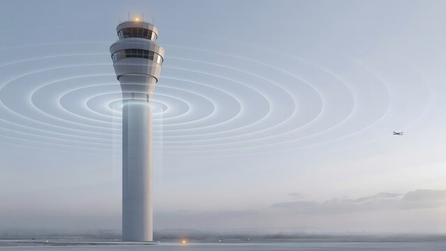 Abstract airport radar tower at dawn &ndash; Ideal for telecommunication headers, radar tech promotions, or modern transport logistics.