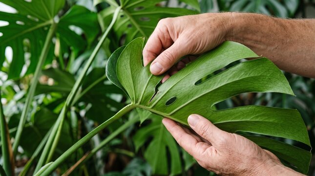 A person's hands gently inspecting a large Monstera deliciosa leaf, highlighting its natural fenestrations and healthy green texture.