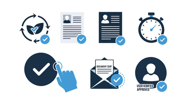 Document verification and approval icons - Blue icon set - Glyph and solid icon set - Icon vector - Modern style icon