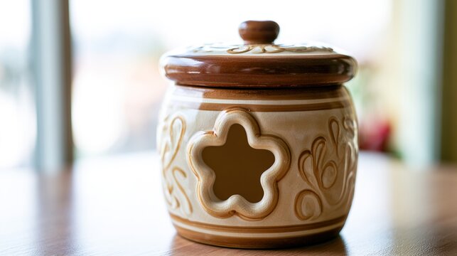 clay. A ceramic cookie jar with a decorative pattern, one cookie shape cleanly removed. menu design, packaging mockups, designed for food delivery and cloud-kitchen brand materials.