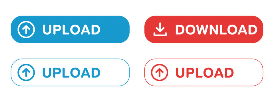 Download and upload button icons featuring file transfer arrows, cloud storage, and data exchange symbols in outline and solid styles with clean minimalist vector graphics for applications, websites, 