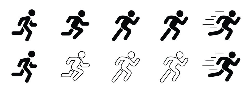 Human body movement icon set, featuring walking, hurrying, stopping, starting dash, running, final sprint, motion sequence, vector design.