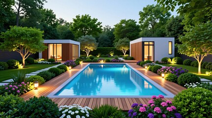 Fototapeta premium Modern backyard with rectangular swimming pool, two wooden garden houses during dusk. Green lawn features blooming flowers plus shrubs in rich landscape. Evening outdoor illumination creates cozy