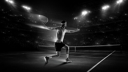 Fototapeta premium Professional male tennis player sprinting for shot in black and white stadium. Concept of sports media promotion, performance footwear marketing, professional competition branding. Motion blur effect