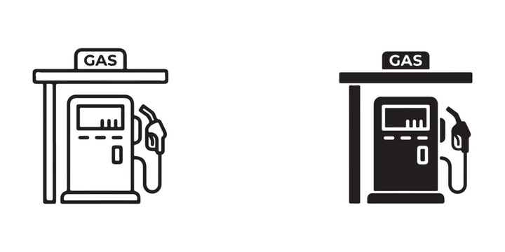 gas pump icons with fuel nozzle attached for refueling vehicles in contrasting line art styles