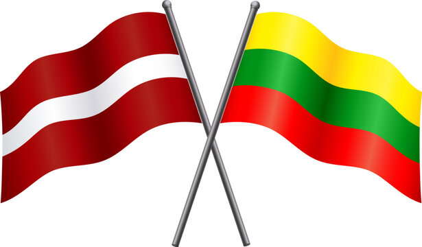 latvia and lithuania baltic flags on flagpoles in relationship alliance or versus crossed vector isolated on transparent background
