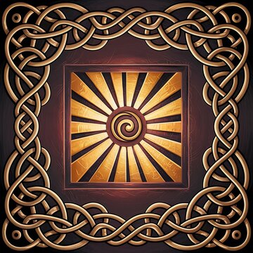 Celtic knotwork frame encircles a central golden spiral motif on a dark backdrop.