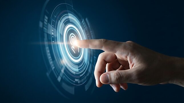 Hand touching virtual digital hologram interface