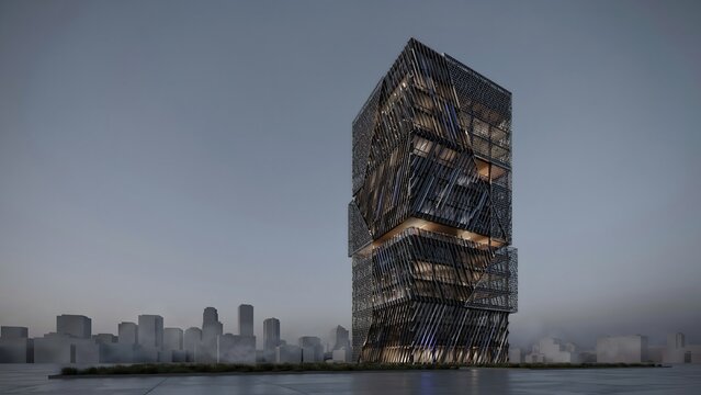 Woven carbon fiber office tower with interior glow &ndash; Great for high-tech manufacturing, composite material ads, or corporate real estate.
