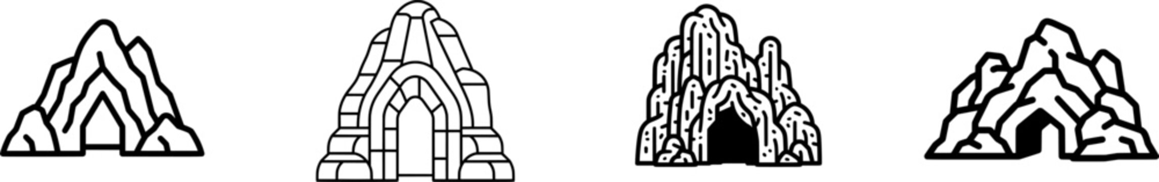 A minimalist black outline icon of a dark rocky mountain cave, with thick uniform lines on a pure white background, creating a stark contrast that highlights its rugged texture