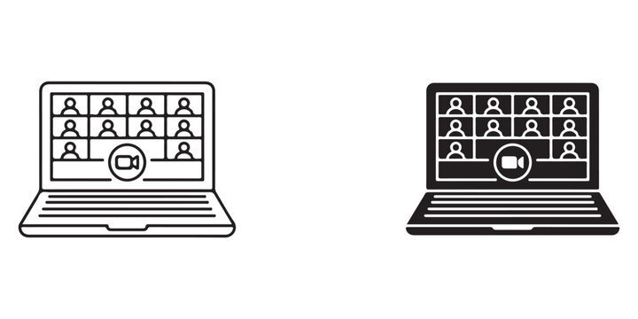 laptops displaying video conference calls with multiple participants in grid layout and camera icon
