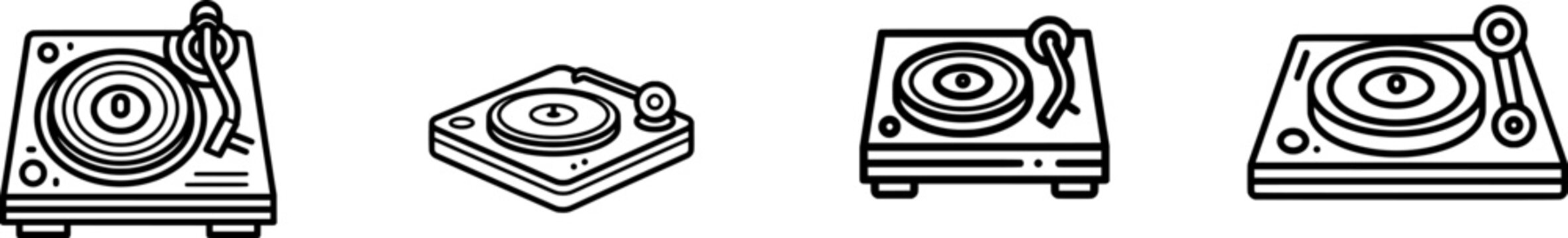 A minimalist black outline icon of a DJ turntable deck, featuring thick uniform lines on a pure white background, exudes a sleek, modern aesthetic