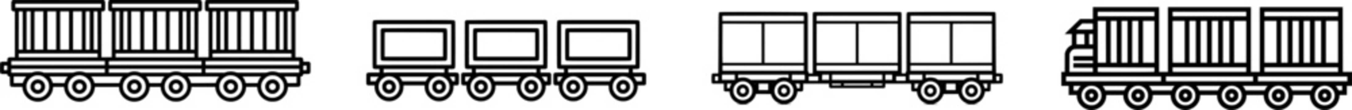 A minimalist black outline freight train icon with three identical box cars, thick uniform lines, isolated on a pure white background, in a flat vector style