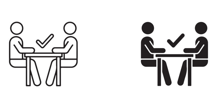  people sitting across from each other in a meeting with approval checkmark icons indicating agreement or success