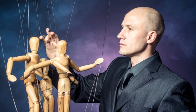 "A suited person manipulating wooden marionettes with strings under dramatic lighting."