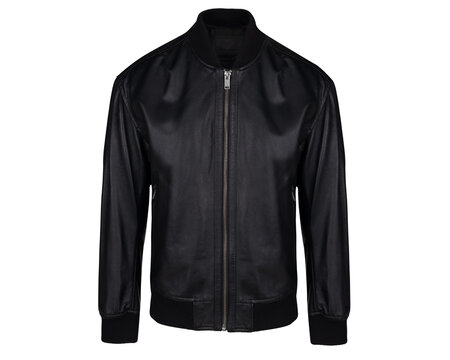 Classic Black Leather Bomber Jacket Isolated