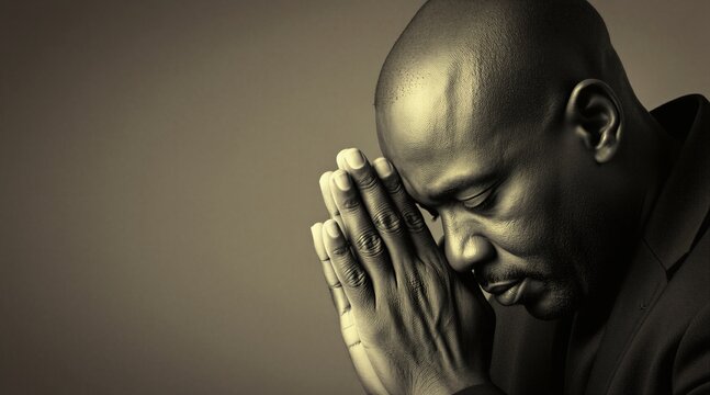 African man holds hands together in prayer. Black male person closes eyes with calm expression during worship. Spiritual individual feels hope, faith pleading to god. Emotional portrait shows