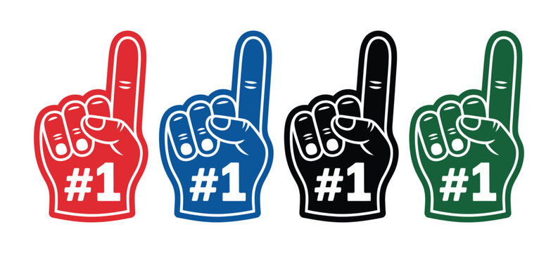 Foam hand icons illustrating number one finger gloves in colorful styles with clean minimalist vector graphics for supporter merchandise, sports celebrations, victory events, fan engagement, and champ