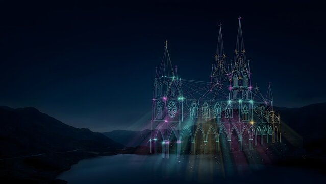 Laser beam architecture cathedral with volumetric light &ndash; Suitable for virtual reality spaces, high-tech event staging, or laser optics.