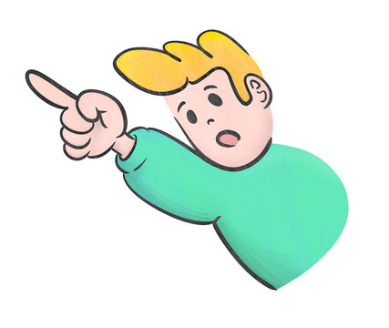 Original hand-drawn blond character wearing green shirt pointing with index finger