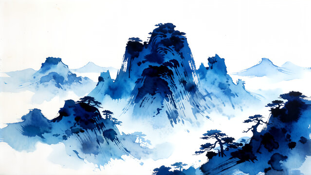 Traditional Chinese watercolor painting depicting blue mountains and misty peaks.