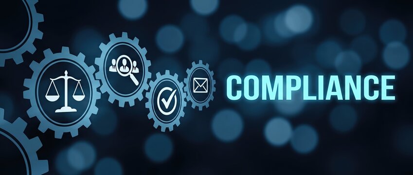 Abstract concept of compliance with gears and icons symbolizing legal and regulatory frameworks in a modern business environment with a blurred background.