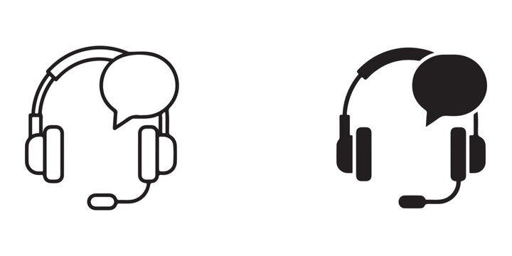headset icons with microphone attached one in outline and one filled solid isolated design