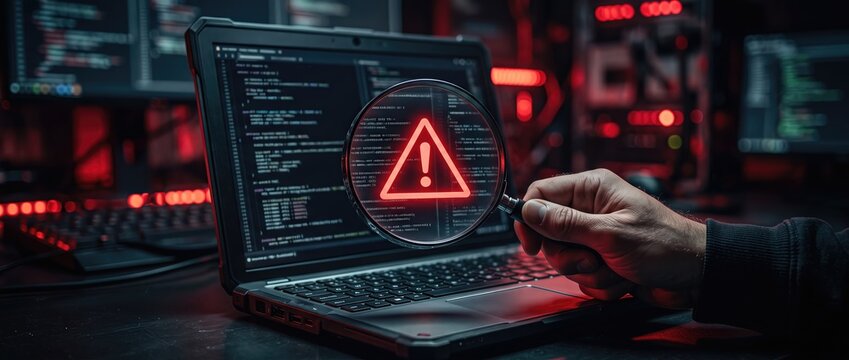 Close up view of a laptop screen displaying a cybersecurity alert featuring a warning symbol that emphasizes digital threats and cyber attacks in a dark technological setting.