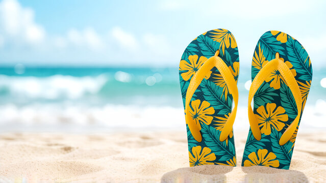 Colorful flip flops standing in sand on a sunny tropical beach.