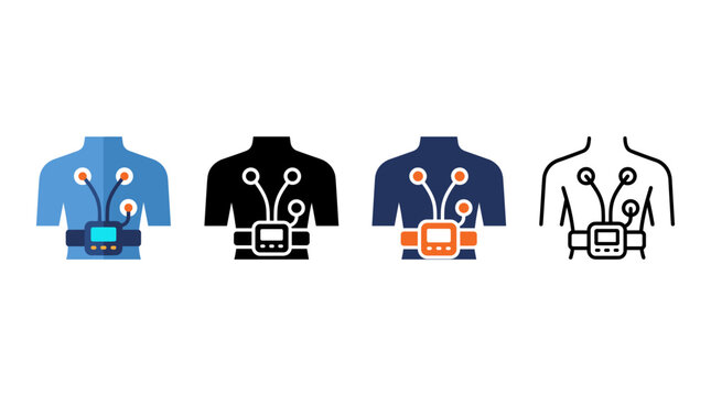 Ambulatory Monitor Icon with Wearable Cardiac Monitoring Device for Heart Rhythm Tracking in Flat, Silhouette, Outline and Glyph Design