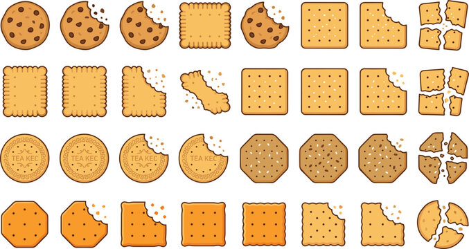 Sweet biscuits and cookies flat line icon collection featuring chocolate chip cookies buttery crackers round tea biscuits square shortbread broken pieces and crunchy crumbs vector illustrations