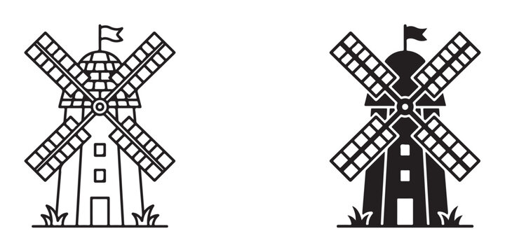 Windmill Illustrations Showing Classic Design and Modern Silhouette Variations Isolated