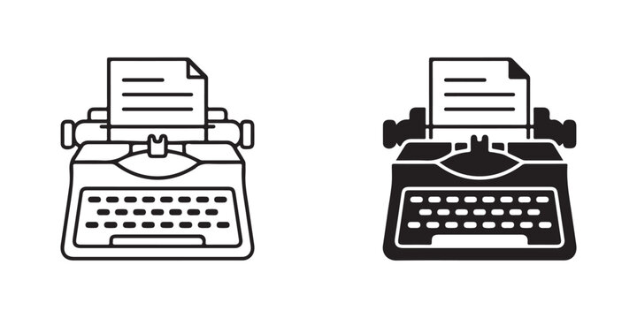 Vintage Typewriter Icons Showing Document Output in Different Line Weights Isolated on Transparent Background