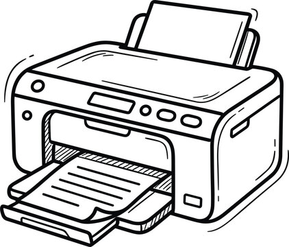 Hand drawn desktop printer doodle vector illustration featuring a stylized office inkjet scanner device printing out text documents with paper sheets for freelance workspace concepts