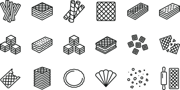 Crispy wafer cookies and bakery line icon set featuring sweet chocolate bars rolls cubes sandwich biscuits crunchy bits rolling pin and pastry shell vector elements