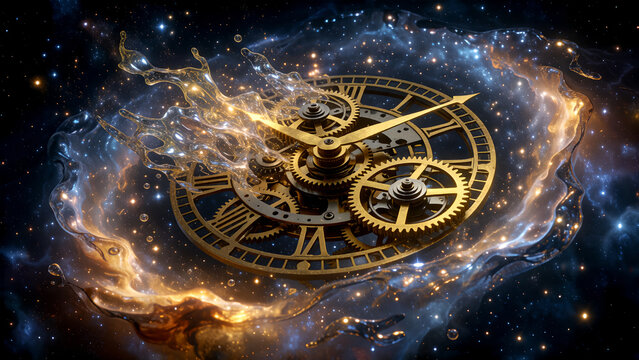 Conceptual image of a golden clock mechanism floating in a cosmic galaxy with glowing stars.