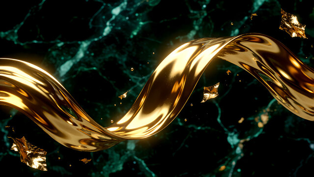 Abstract gold flowing ribbon wave on dark green marble background luxury design.