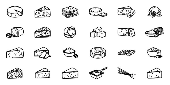 Cheese Varieties Illustrated in Different Shapes and Styles Featuring Dairy, Food, Illustration with Vector and Art Elements