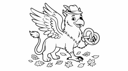 Naklejka premium Black and White Coloring Page of a Friendly Griffin Wearing a Hat and Holding a Pretzel, Surrounded by Autumn Leaves, Vector Illustration
