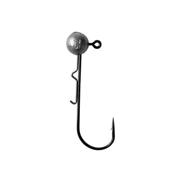 Fishing hook jig head, round lead sinker with sharp curved single hook for soft plastic lures, angling equipment.