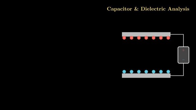 2D animation illustrating a parallel plate capacitor with dielectric material insertion, analyzing electric field reduction and polarization behavior