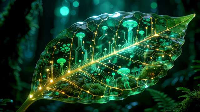 Glowing translucent leaf with integrated futuristic circuit board patterns and tiny glowing bioluminescent mushrooms inside.