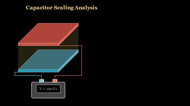 2D animation showing capacitor energy storage scaling exponentially with increasing voltage, visual physics diagram of electric field energy density