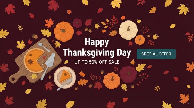Festive thanksgiving day sale banner pumpkins pie autumn leaves for holiday promotions