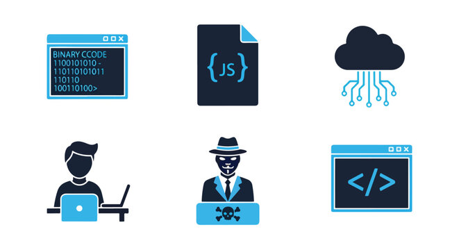 Programming and coding vector icons - Glyph and solid icon set - logo icons. Blue, Black and white icons - Icon vector 