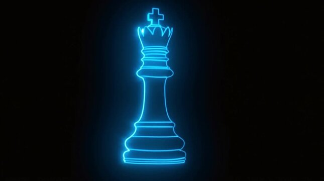Blue Neon Chess King Silhouette Glowing on Dark Background Strategic Leadership Futuristic Animation