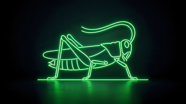 Neon green grasshopper insect outline glowing on black background with glowing lines