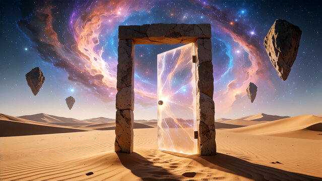 Mystical stone doorway in a desert landscape opening to a glowing fantasy galaxy and floating rocks.