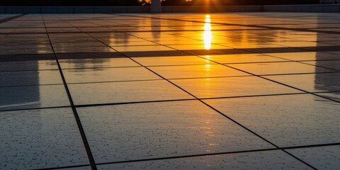 Naklejka premium Golden sunset sunlight reflects on polished tile floor outdoor terrace. Evening sky light creates orange glow on marble surface grid lines. City plaza ground shines with warm bright beams. Abstract